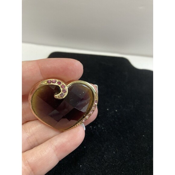 Vintage Brooch  1960’  Amber/Brown/pink Rhinestones Heart Shaped Gold Tone - Picture 2 of 5